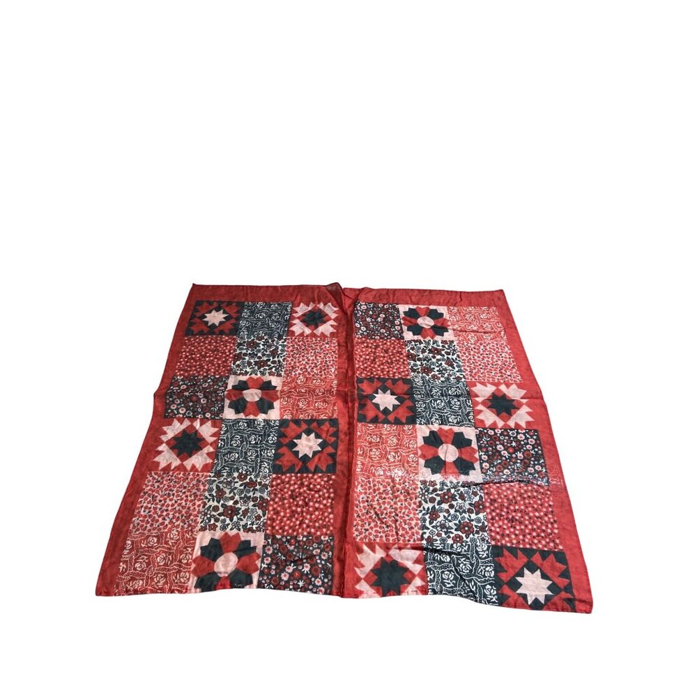 Vintage Patchwork Quilt Print Square Scarf Red Cottagecore Boho Country Western - Picture 4 of 7